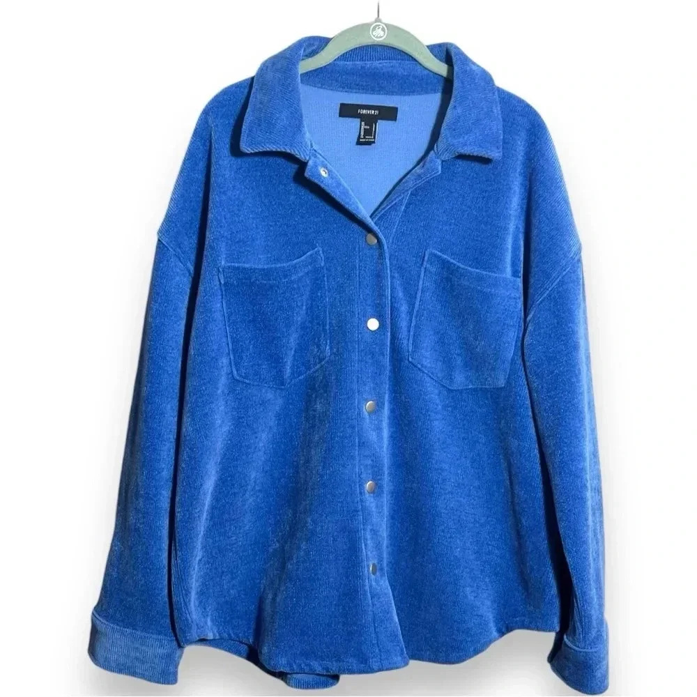 Forever 21 Oversize Royal Blue Snap Button and Cuffs Long Sleeve Corduroy Jacket - Picture 6 of 16